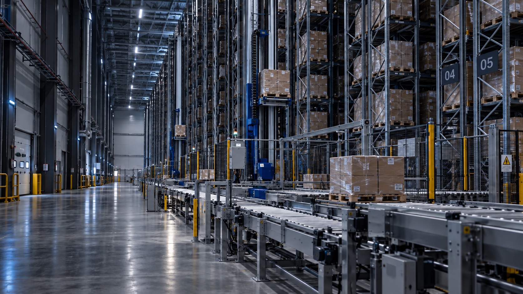 Illustrative automated high-bay warehouse with conveyors