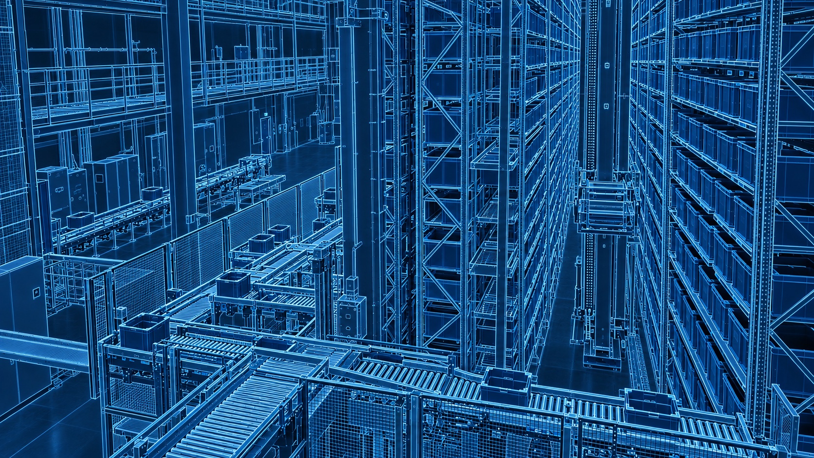 Illustrative physical warehouse transitioning into a digital wireframe